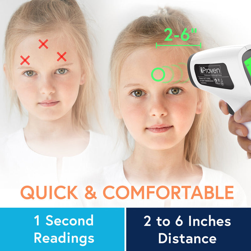 iProven No Touch Infrared Thermometer quick 1 second readings and 2 to 6 inch distance for measuring fever