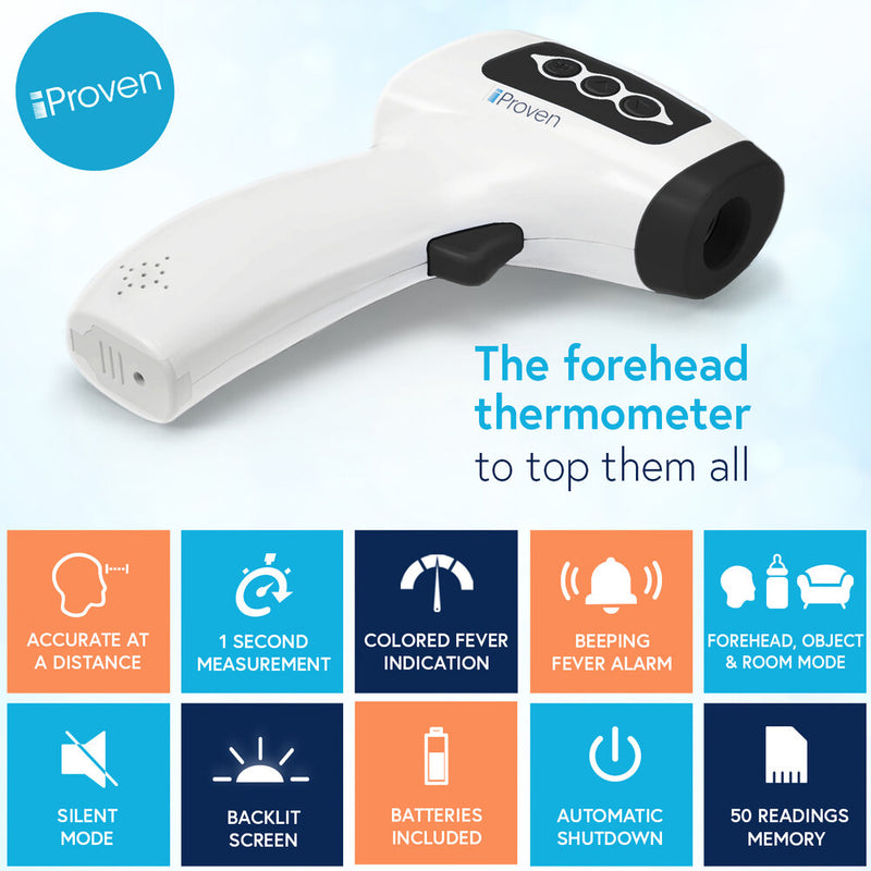 iProven No Touch Infrared Thermometer with body and object temperature fever alarm system, batteries included and mute function