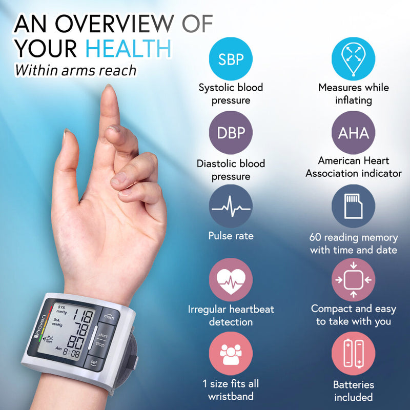 Best Blood Pressure Monitors (BPM) for Wrist Home Usage. Wireless Automatic BP Machine for Adults. Clinically Accurate & Fast Reading Monitoring Kit. Large Display and Quick & Accurate readings based on AHA indication. Now With 30 Days No Questions-Asked Money Back Guarantee.