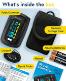 iProven OXI-27 Pulse Oximeter Fingertip O2 Saturation Monitor - Finger Pulse Oximeter - Measure O2 Saturation Levels - incl. Batteries, Case and Lanyard