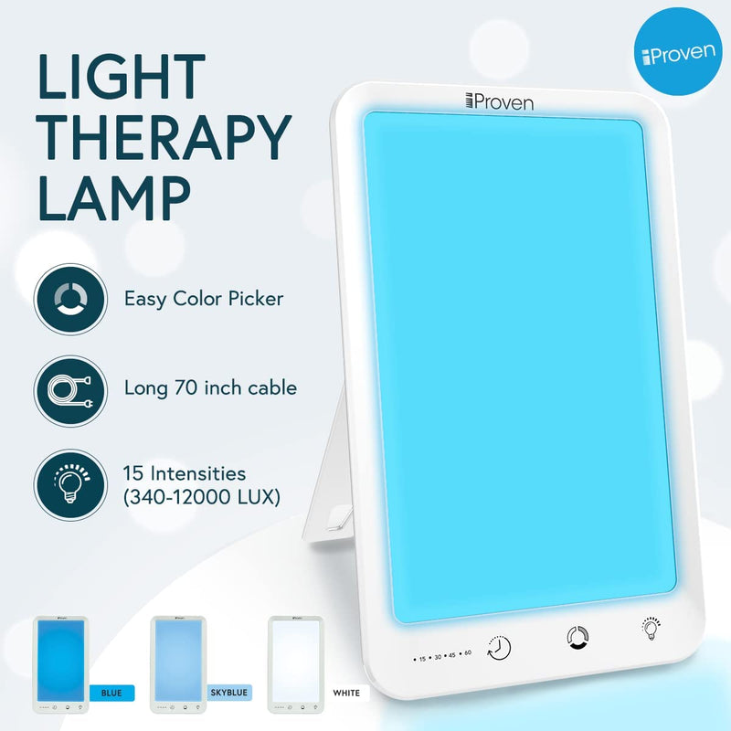 New 2023 iProven SAD Light Therapy Lamp - Low-Intensity Blue Light (640 Lux) to Bright White Light (12,000 Lux) Helps with Seasonal Depression - 3 Colors, 15 Light Modes, Timer Function