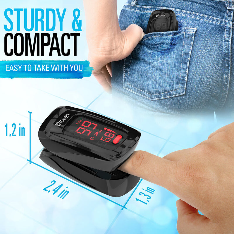 Your New Pulse Oximeter is Sturdy and Compact, and is easy to take with you. For example on holidays, but also for home use. The Dimensions are 1.2 in High, 2.4in Long, 1.3in broad